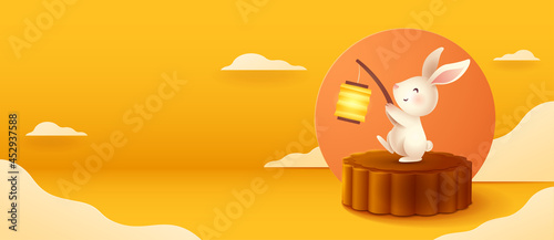 3D illustration of Mid Autumn Mooncake Festival theme with cute rabbit character on mooncake podium on paper graphic oriental cloud scene. Wide copy space for design. 