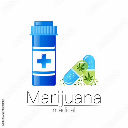 Medical cannabis symbol in vector. Logotype for marijuana, nature herbal medicine, therapy, doctors and store, business. Isolated on white background. Blue and green color. Pill and tablet health care