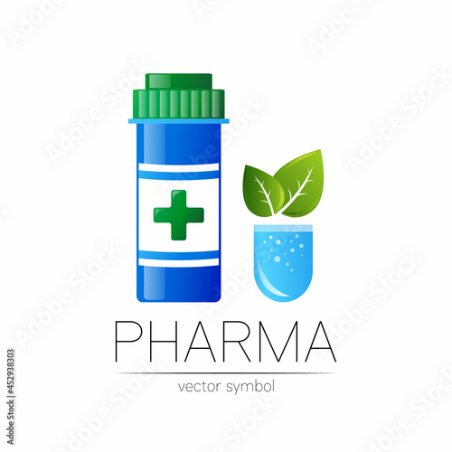 Pharmaceutical, Industry and Development. Medicine Jar Vector Logo ECO Symbol Medical Bottle in flat style Pill Design Element for Pharmacy with Organic Leaf