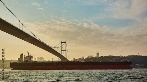 Leinwand Poster Turkey, Istanbul, Bosphorus Channel, Bosphorus Bridge, an cargo ship under the Bridge