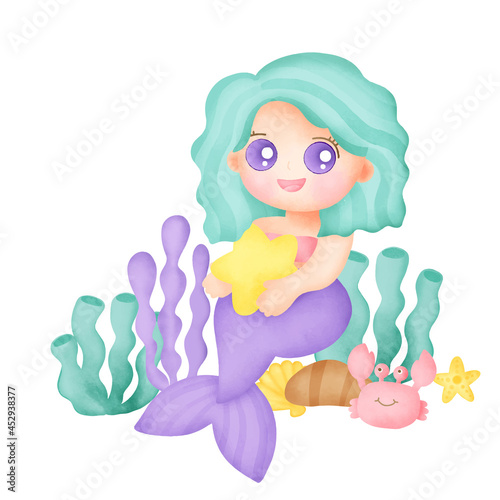 Hand drawn watercolor mermaid card.