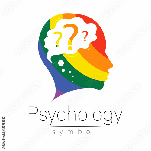 Modern logotype head with question inside brain . Logo sign of Psychology. Profile Human. Creative style. Symbol in vector. Design concept. Rainbow color isolated on white. Icon for web. LGBT flag