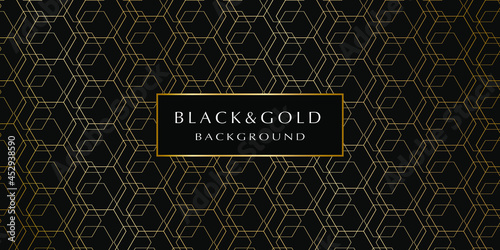 Black and gold background. Abstract luxury background with gold geometric pattern on a black background for your design. Modern design of sites, posters, banners, postcards, printing, EPS10 vector 