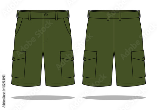 Olive Green Cargo Short Pants Template Vector on White Background.Front and Back View.