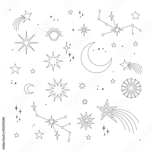 Astral elements vector design. Cosmic, celestial background. Stars, planets, sun, cosmos linear icons.