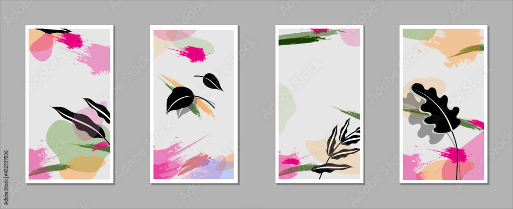Set of four abstract art backgrounds with floral and tree leaves and watercolor organic shapes hand paint design for wall decor, poster and wallpaper. Vector illustration. Set of four abstract art backgrounds with floral and tree leaves and watercolor organic shapes hand paint design for wall decor, poster and wallpaper. Vector illustration.