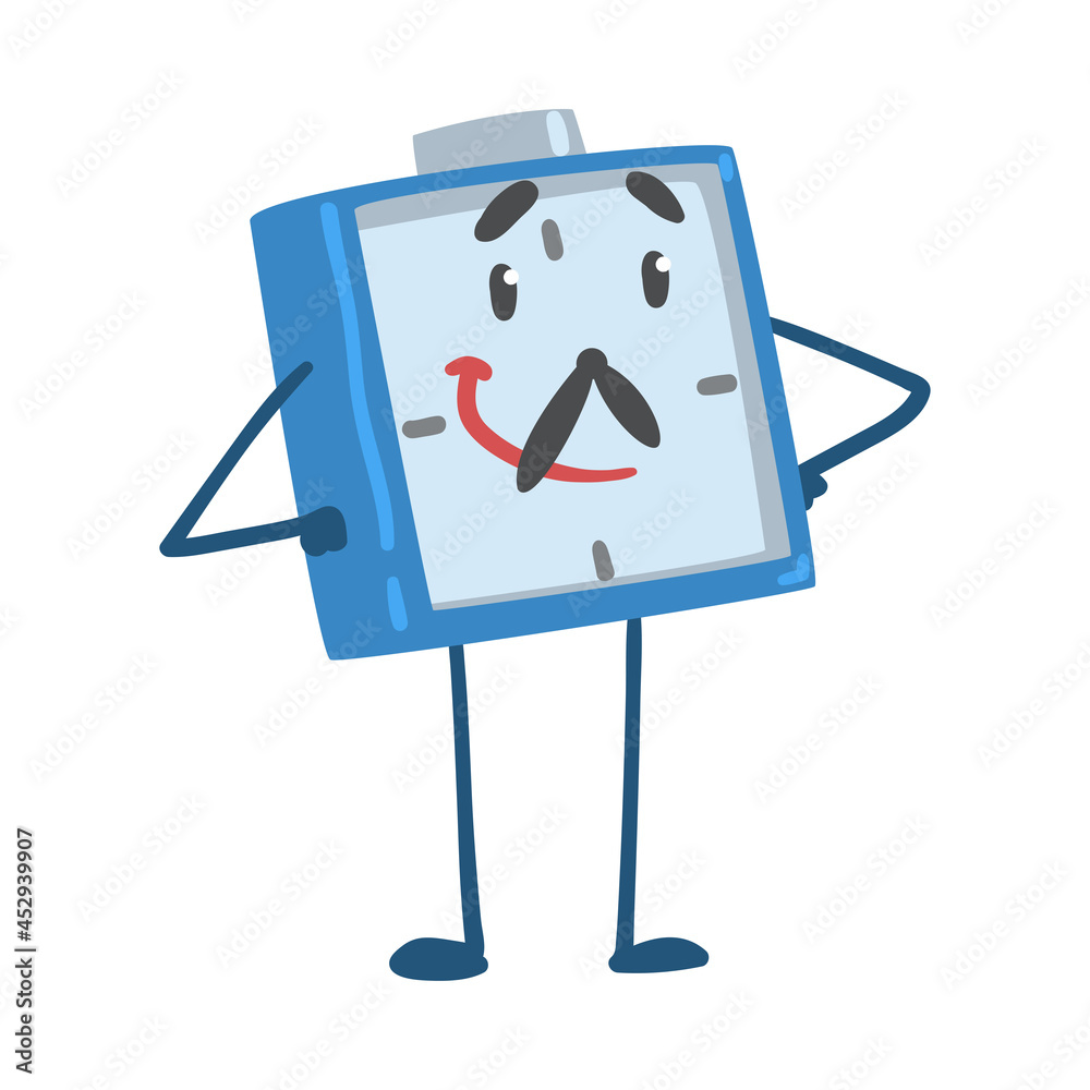 Blue Smiling Alarm Clock Character Standing with Arms on Hips Vector Illustration Blue Smiling Alarm Clock Character Standing with Arms on Hips Vector Illustration