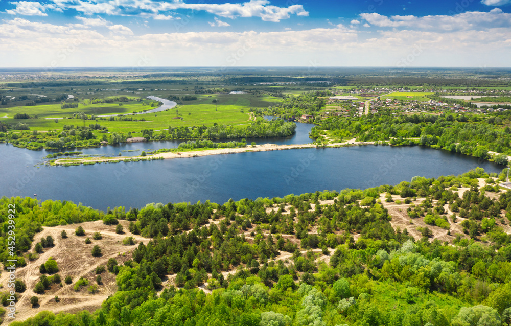 Panorama. Environs of the city of Gomel. Belarus. The Sozh River outside the city. The nature of Belarus. View from above Panorama. Environs of the city of Gomel. Belarus. The Sozh River outside the city. The nature of Belarus. View from above