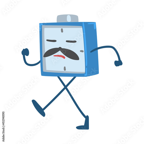 Blue Alarm Clock Character Walking or Marching Vector Illustration