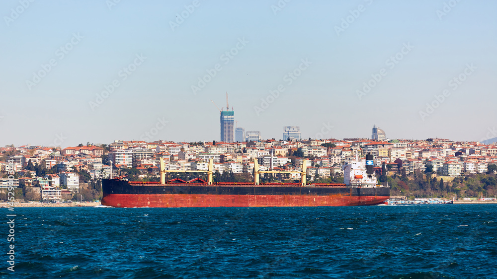 Obraz premium The tanker ship crosses the Bosporus on the background of Uskudar