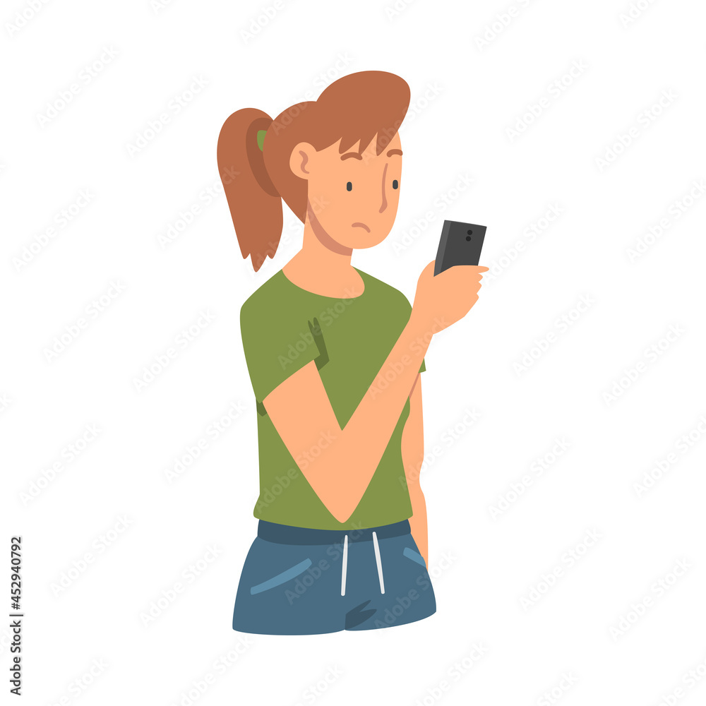Sad Woman with Smartphone Feeling Negative Emotion Suffering from Bullying in Social Media Vector Illustration Sad Woman with Smartphone Feeling Negative Emotion Suffering from Bullying in Social Media Vector Illustration