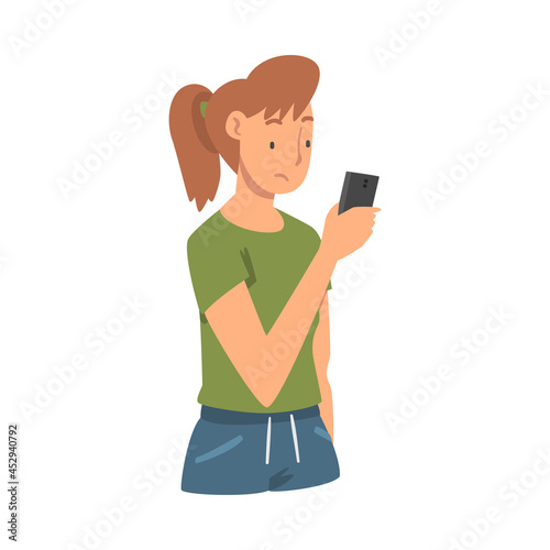 Sad Woman with Smartphone Feeling Negative Emotion Suffering from Bullying in Social Media Vector Illustration