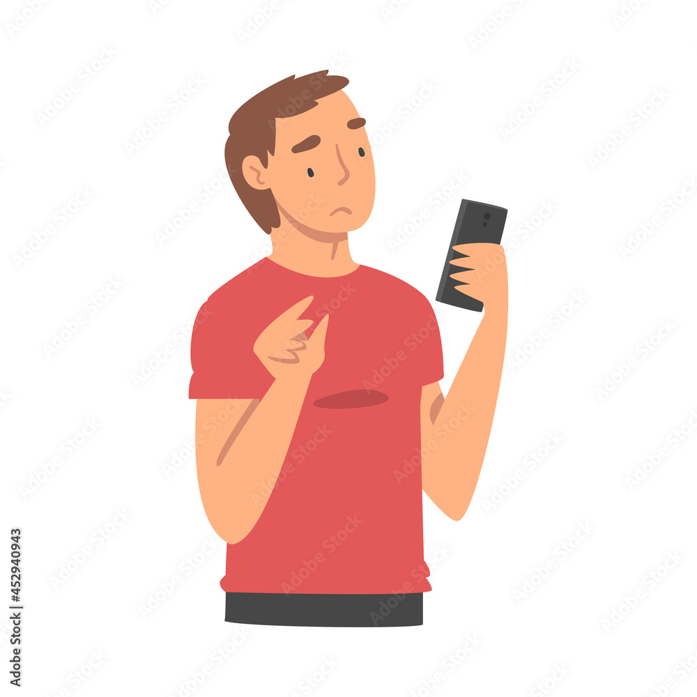 Sad Man with Smartphone Feeling Negative Emotion Suffering from Bullying in Social Media Vector Illustration
