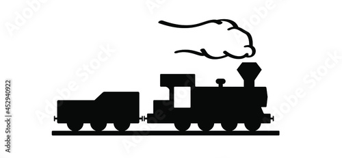 Cartoon old train station. steam train Locomotive with smoke or clouds. Flat vector railway pictogram. Old fashioned icon. Railway station sign