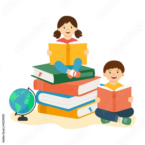 Happy cute kids holding open books and sitting on stack of big books. Reading.Vector concept illustration.Isolated on white background