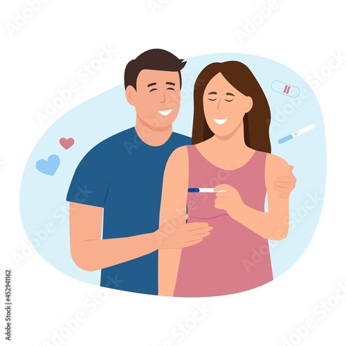 happy young couple with positive pregnancy test result. Pregnancy test  showing two line. Family planning healthcare vector concept.
