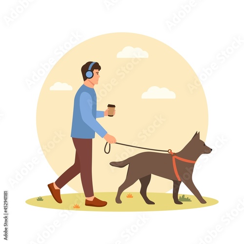 A young girl walks the dog. Coffee in hand. Vector illustration.