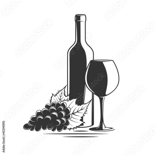 Bunch of grapes, bottle and glass of wine isolated on white background. Vector illustration