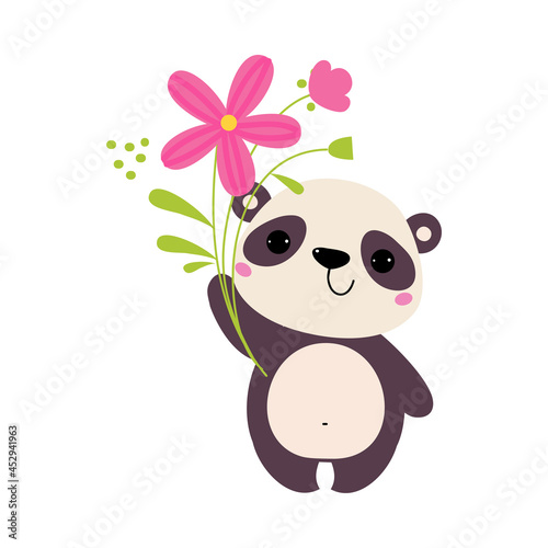 Fototapeta Naklejka Na Ścianę i Meble -  Cute Panda Bear Holding Flower on Green Stalk with Paws Vector Illustration