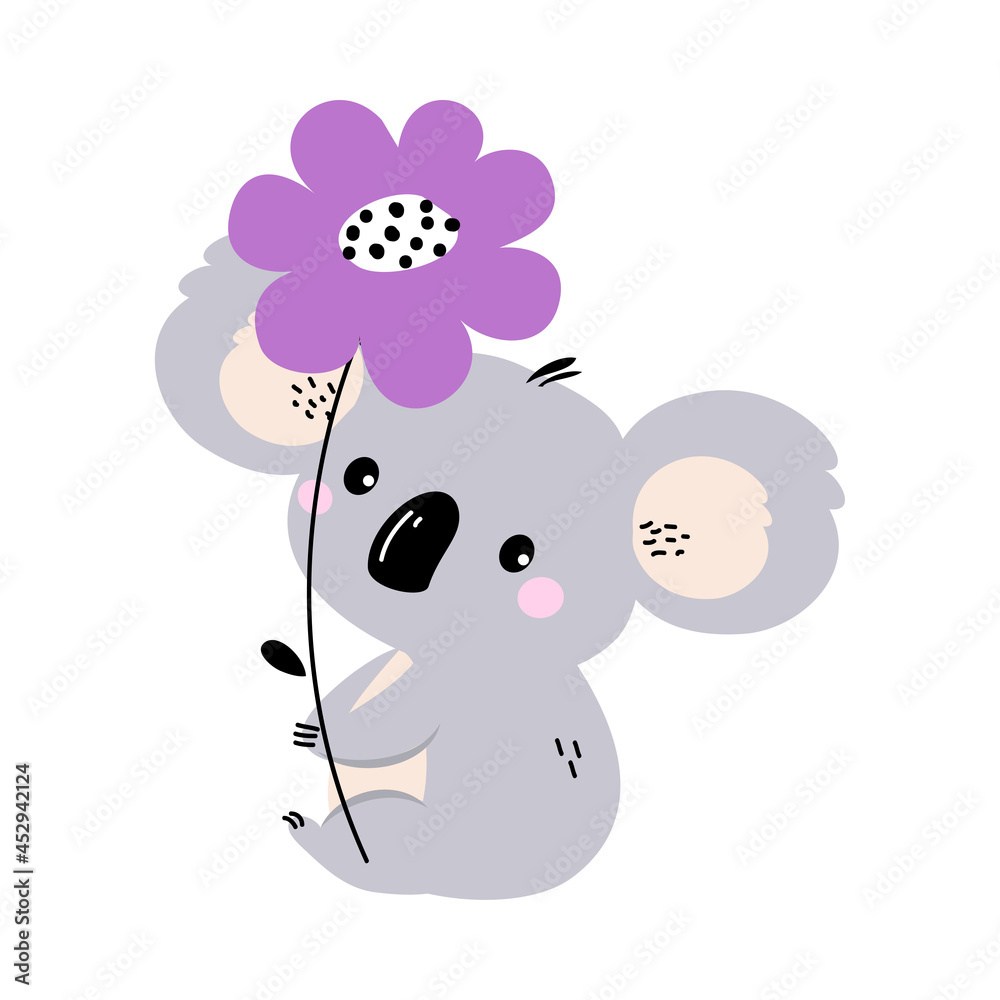 Fototapeta premium Cute Grey Koala Animal Holding Purple Flower on Stalk with Paws Vector Illustration