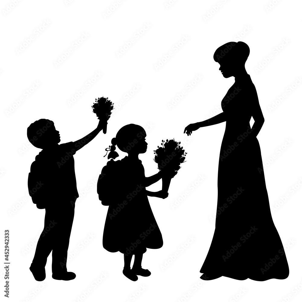 Silhouettes boy and girl give flowers to the teacher. Back to school.