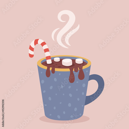 Christmas hot drink with candy cane and marshmallow. Merry Christmas. Hot chocolate, cup of coffee. Vector illustration.
