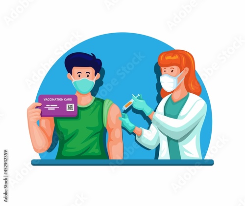 Vaccine injection on man with holding Vaccination certificate card illustration vector