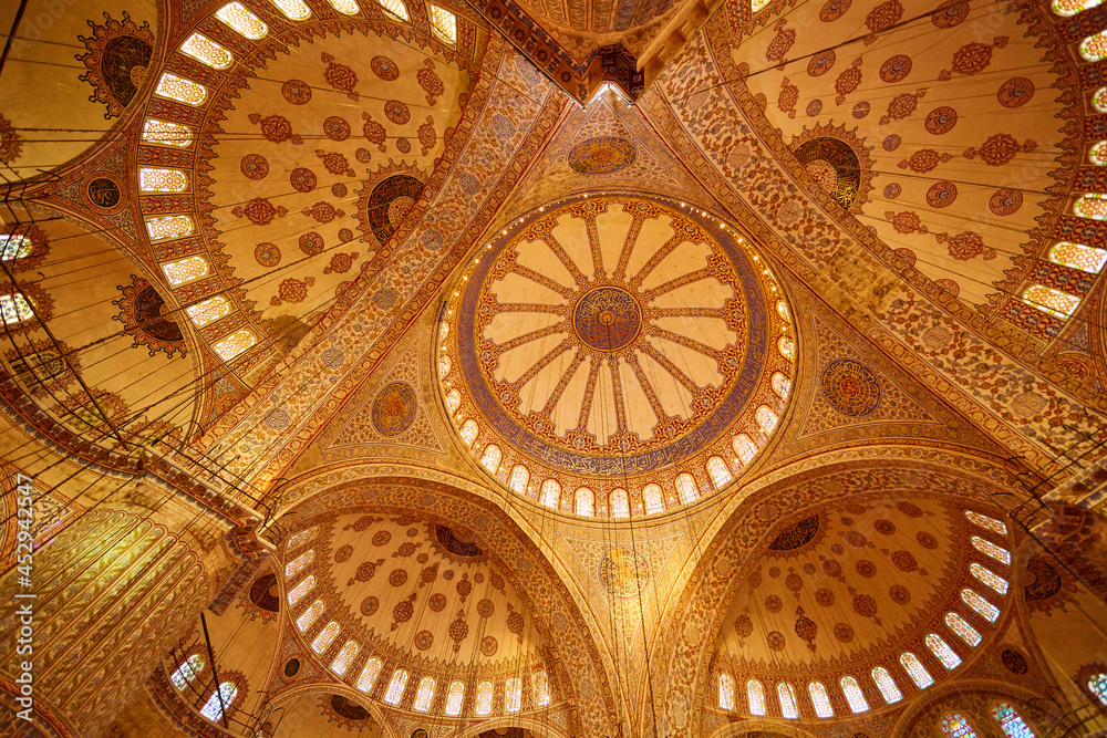 Istanbul, Turkey - 1 April, 2017: Blue Mosque interior in Istanbul, Turkey. Turkish: Sultan Ahmet Cami