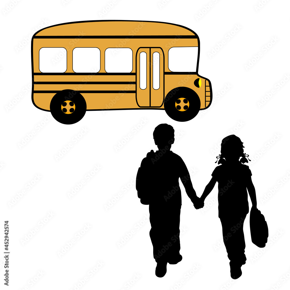 Silhouettes boy and girl go to the school bus. Back to school Stock ...