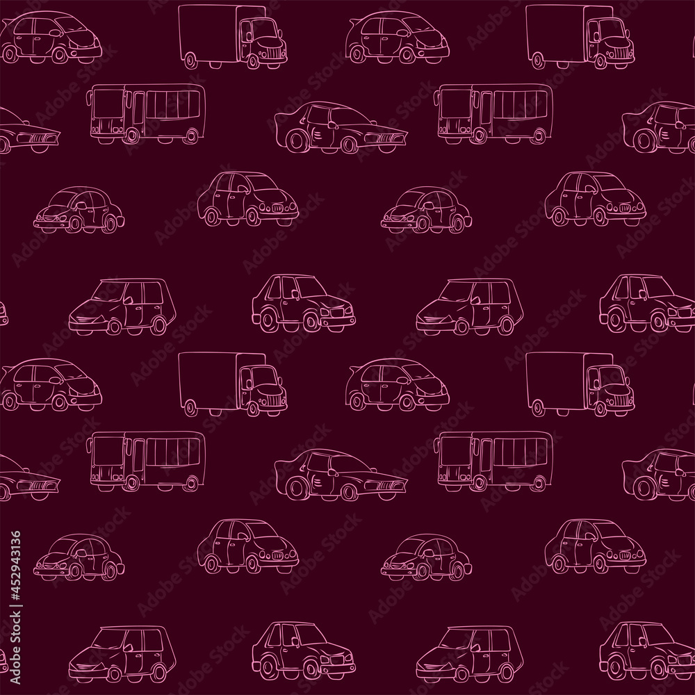 Seamless pattern with cute cars, buses and trucks. Hand drawn pattern with colorful autos for kids textile. Seamless pattern with cute cars, buses and trucks. Hand drawn pattern with colorful autos for kids textile.