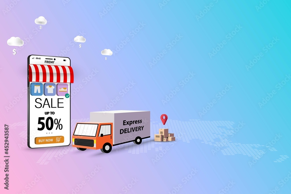 Concept of online shopping, truck is ready to deliver the goods to customer that ordered from the application on mobile in pink and blue color background. Vector 3D design.