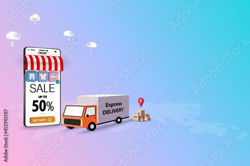 Concept of online shopping, truck is ready to deliver the goods to customer that ordered from the application on mobile in pink and blue color background. Vector 3D design.