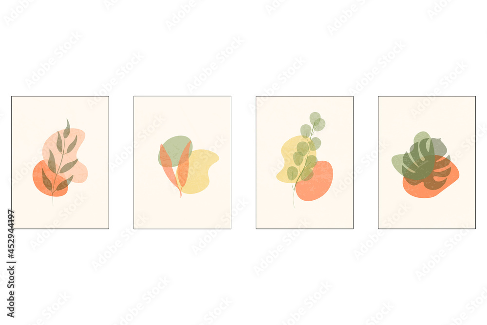 Hand drawn abstract set leaves with color shape isolated on background. Flat retro illustration. Design for greeting card, logo, pattern, posters, invitation Hand drawn abstract set leaves with color shape isolated on background. Flat retro illustration. Design for greeting card, logo, pattern, posters, invitation