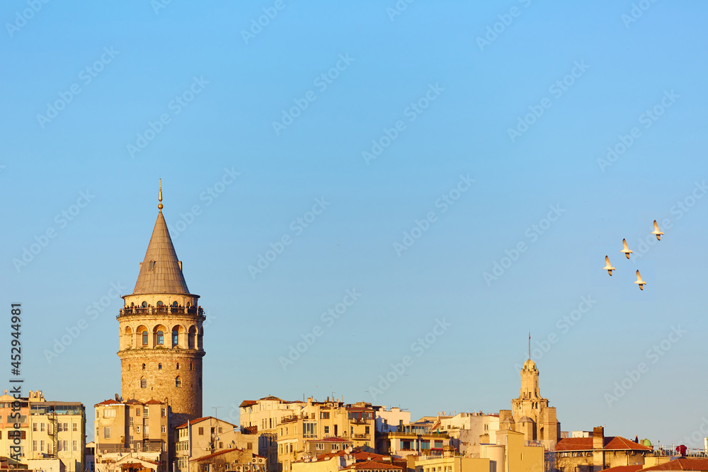 Istanbul cityscape in Turkey with Galata Tower, 14th-century city landmark in the middle. Istanbul cityscape in Turkey with Galata Tower, 14th-century city landmark in the middle.