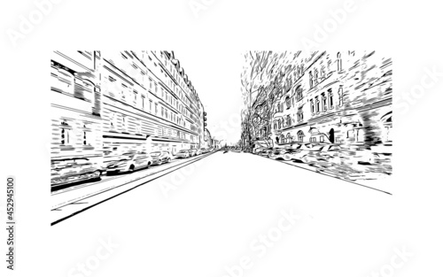 Building view with landmark of Kiel is the 
city in Germany. Hand drawn sketch illustration in vector.