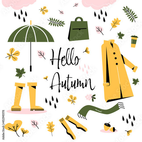 Vector set of autumn icons- raincoat, falling leaves, scarf, socks, rubber boots, coffee, rain and bag. Collection of fall season elements. Bright background for harvest time. Autumn greeting card.