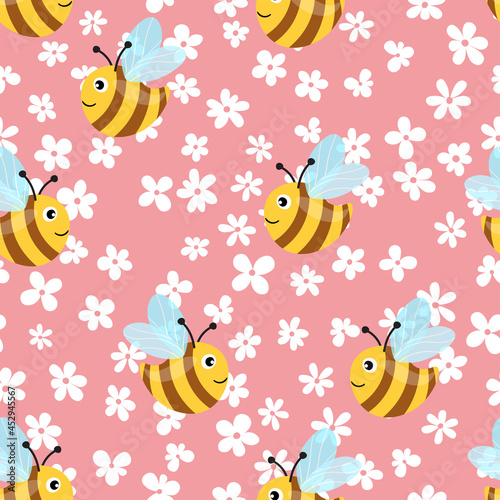 Seamless pattern with bees and flowers on color background. Small wasp. Vector illustration. Adorable cartoon character. Template design for invitation, cards, textile, fabric. Doodle style © Alla