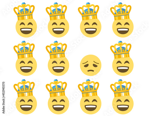 happy faces with crown and one disappointed face,emoji concept pattern on white background,loser,defeated,loneliness,vector illustration