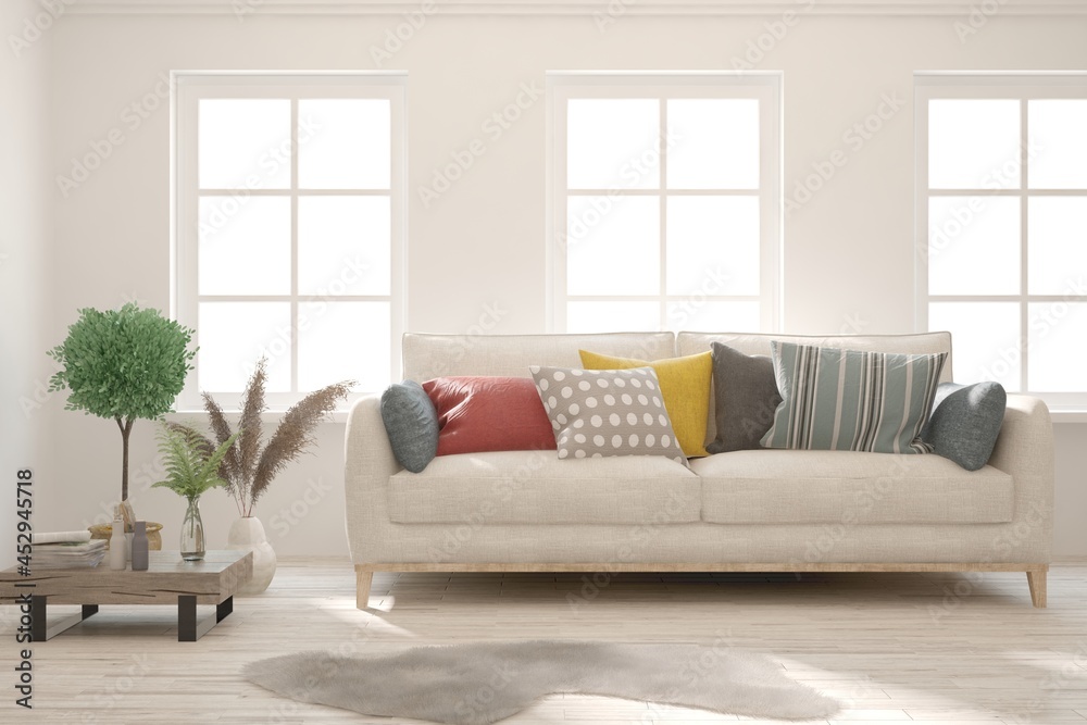 Fototapeta premium White living room with sofa. Scandinavian interior design. 3D illustration