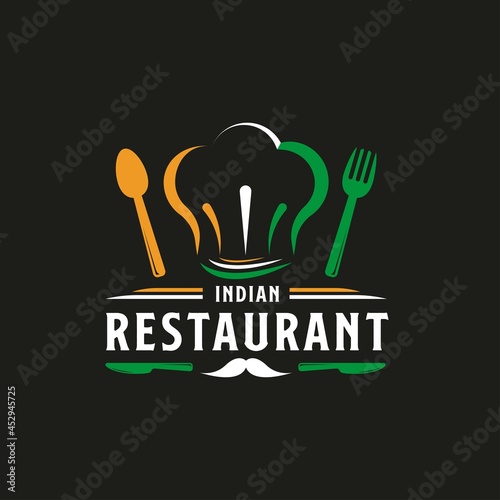 Indian Food Restaurant Logo. India flag symbol with Spoon, Fork, Mustache, and Knife icons. Premium and Luxury Logo