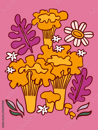 Composition with mushrooms and flowers. Folk style.	
