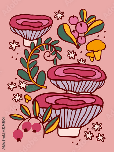 Composition with mushrooms and flowers. Folk style.	
