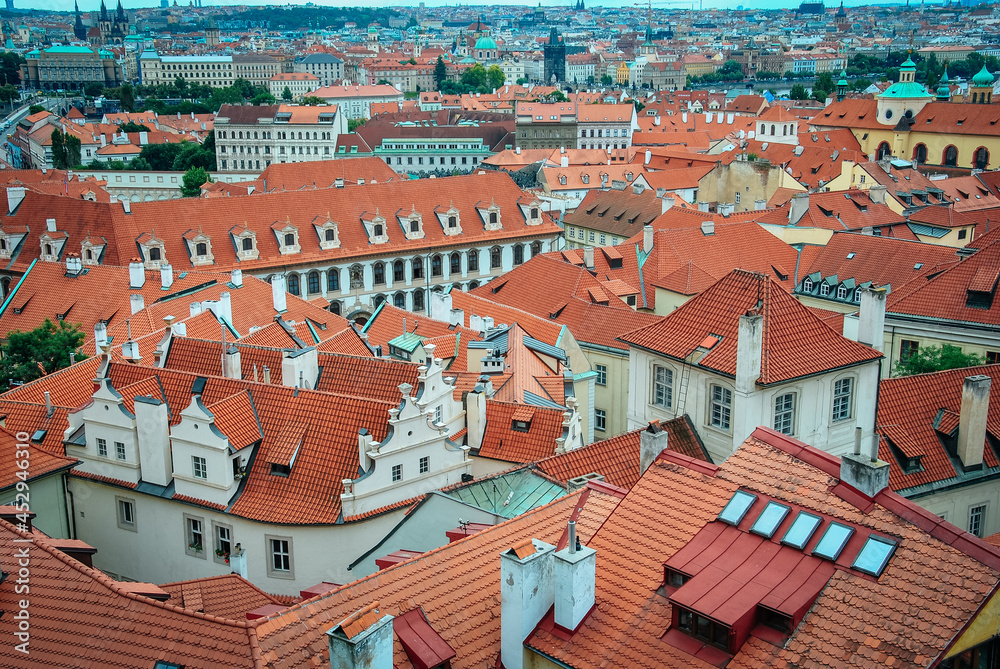 High altitude aerial view of Prague rooftops, the Czech Republic