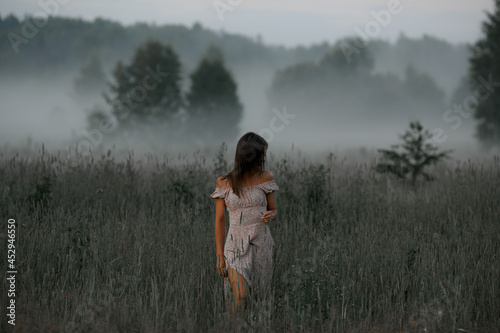 Girl in the fog. Summer fog in nature and a girl.