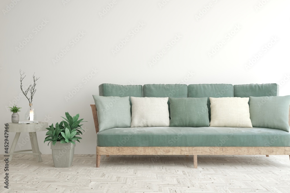 Fototapeta premium Modern living room in white color with sofa. Scandinavian interior design. 3D illustration