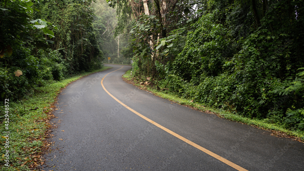 beautiful asphalt road In the lush tropical evergreen forest in Nan Province northern thailand beautiful asphalt road In the lush tropical evergreen forest in Nan Province northern thailand