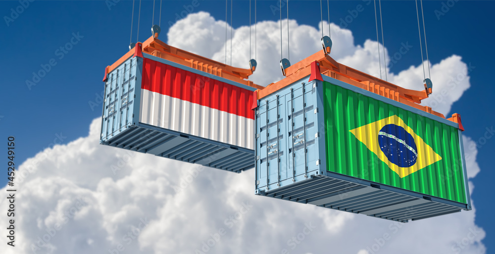 Freight containers with Brazil and Indonesia national flags. 3D Rendering 