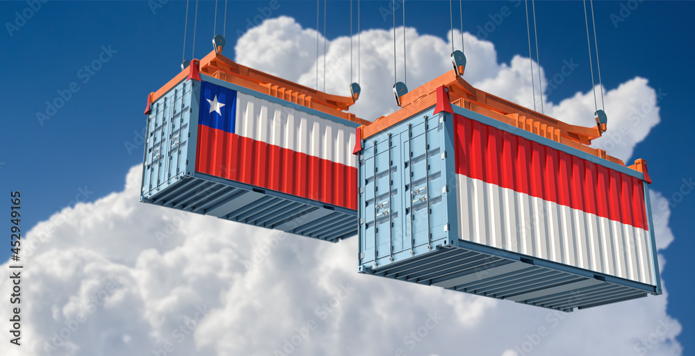 Freight containers with Chile and Indonesia national flags. 3D Rendering 
