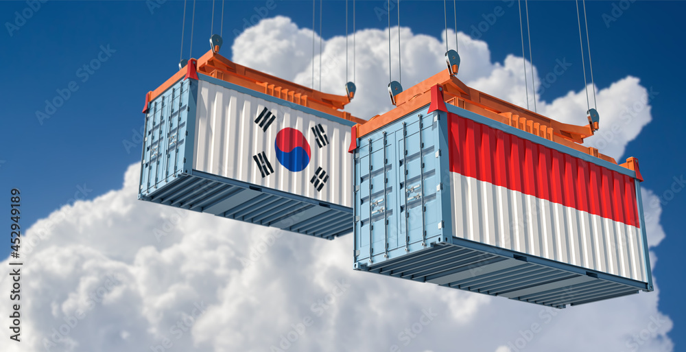 Freight containers with South Korea and Indonesia national flags. 3D Rendering 