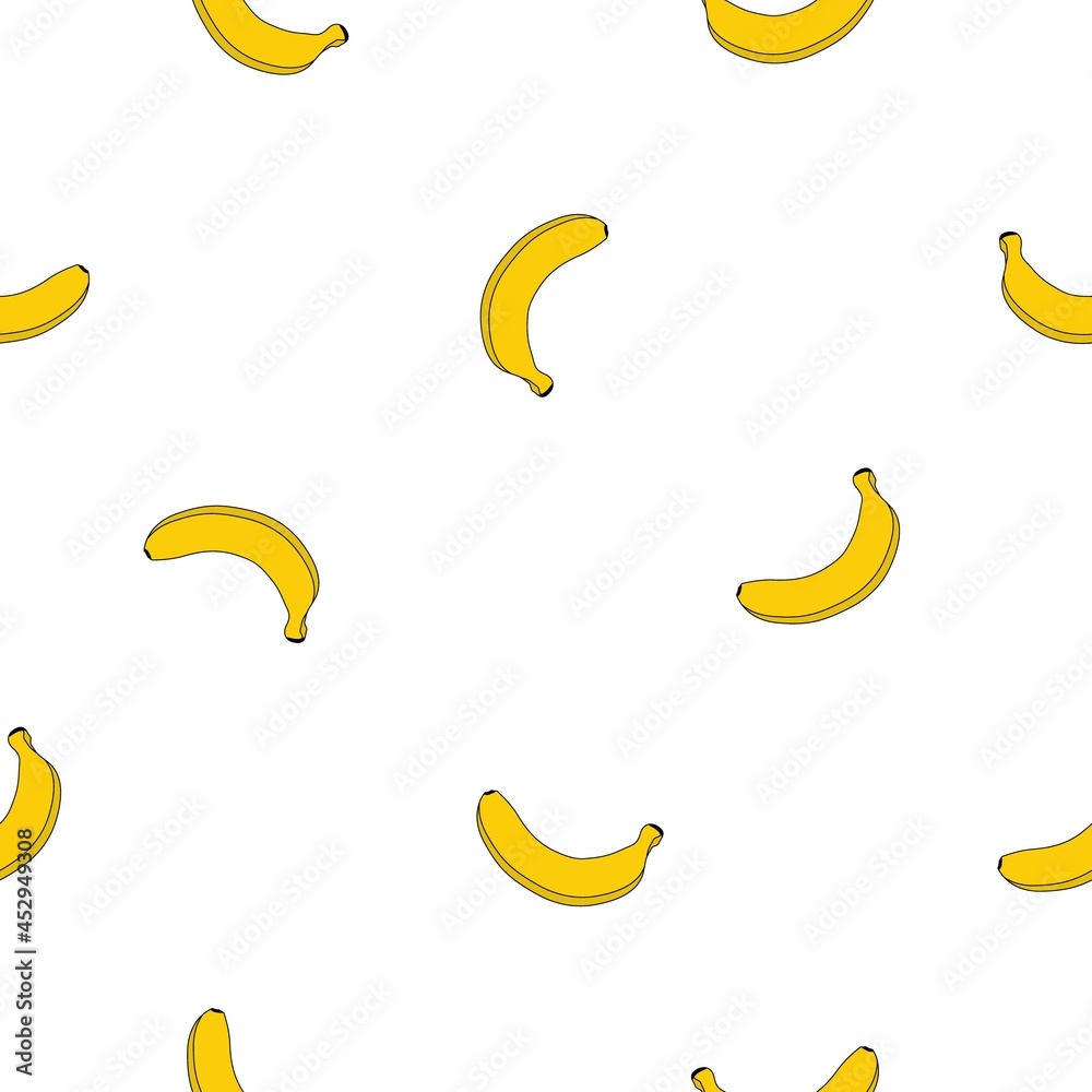 Vector seamless pattern with bananas on white background. Tropic style doodles for food design, vegan restaurant, cafe, wrapping paper, health care products, fruits market. Vector seamless pattern with bananas on white background. Tropic style doodles for food design, vegan restaurant, cafe, wrapping paper, health care products, fruits market.